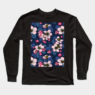 Apple blossom on dark blue Long Sleeve T-Shirt